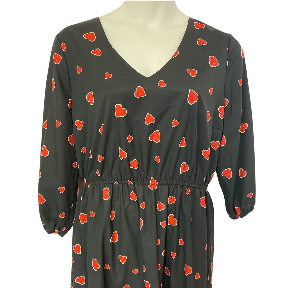 Hutch Heart Print Knee Length Fit & Flare Black Office Party Matte Satin Dress - Picture 6 of 12